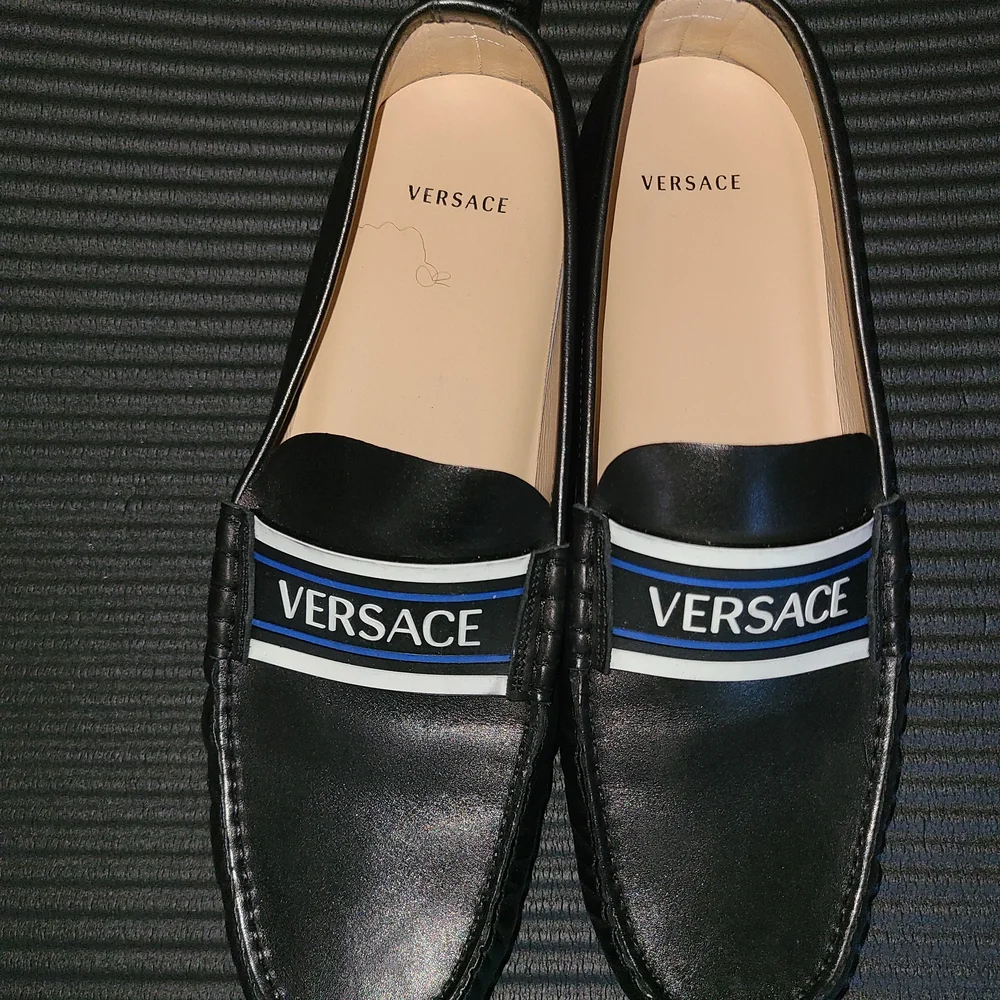 Versace Black and Blue Leather Slip-On Loafers - Picture 5 of 6